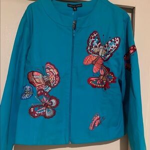 Chic Teal Butterfly Embroidered Blazer